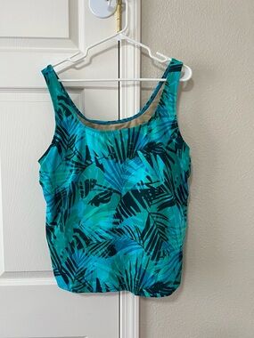 L.L. Bean Tropical Tankini Swim Top Teal Palm Print UPF 50+ Size 20W Plus
